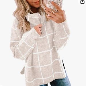 Beige Grid Paneled turtleneck sweater